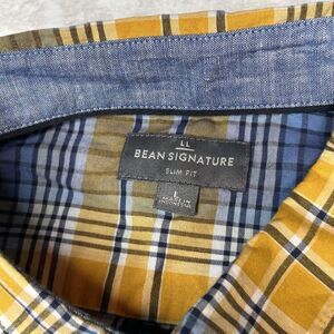 LL Bean Signature Slim Fit Mens L Short Sleeve Yellow Blue Plaid Button Up Shirt